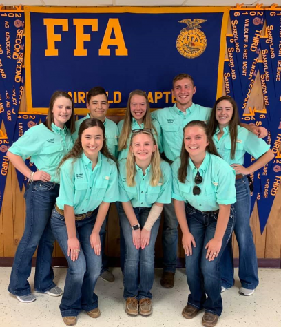 FFA Officers: Top from left to right:  juniors Emily Chavers, Caden Fryer, Kendel Crawford, senior Lex Thompson, and junior Riley White. Bottom from left to right: sophomore Ally Robinson, junior Katy Grounds, and junior Frankie Nelson Photo contributed by Ag department