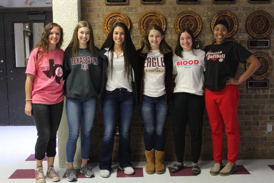 Pitured from left to right are seniors Kaliee Marchand, Emi Bonner, juniors Jenny Pina,  Alyssa Whitaker, senior Rebecca Dunlap, and sophmore Breyuna Dowell. Not pictured are Kayelee Adams, Belle Johnson, Madi Issacs, Kendal Crawford, Braden Bossier and Jada Clark. Photo by Lauren Cochran.