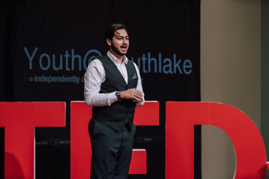 Senior Harpreet (Robby) Walia speaks at a TED Talk event in Southlake.