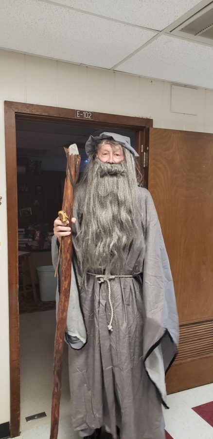Dual credit English teacher Keith Whitaker dresses up a Gandolf to inspire and motivate his seniors.