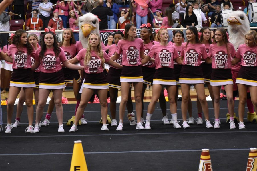 Students%2C+cheerleaders+and+teachers+wear+the+Pink+Out+shirt+at+the+pep+rally.+Shirt+sales+raised+almost+%242%2C000+for+FCCSG.+