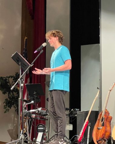 Caleb George delivers the devotional at FCAs Fields of Faith. Photo contributed by Mr. Jeff Wright.