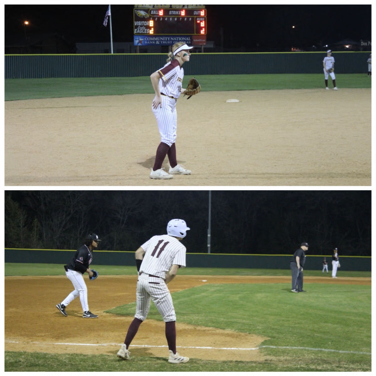 Top: Senior Averie Minze gets ready to field the ball at third base.
Bottom: Senior Cameron Cockerell positions himself to run home from third base.